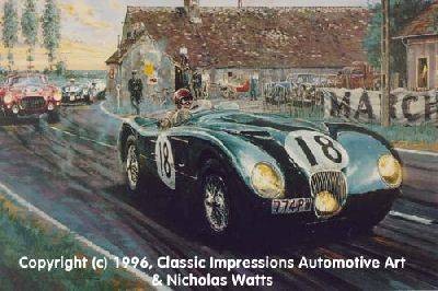 Nicholas Watts' excellent painting of a C-Type at Le Mans